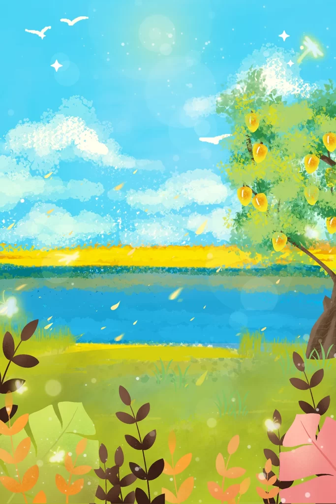 sky lake painting tree grass