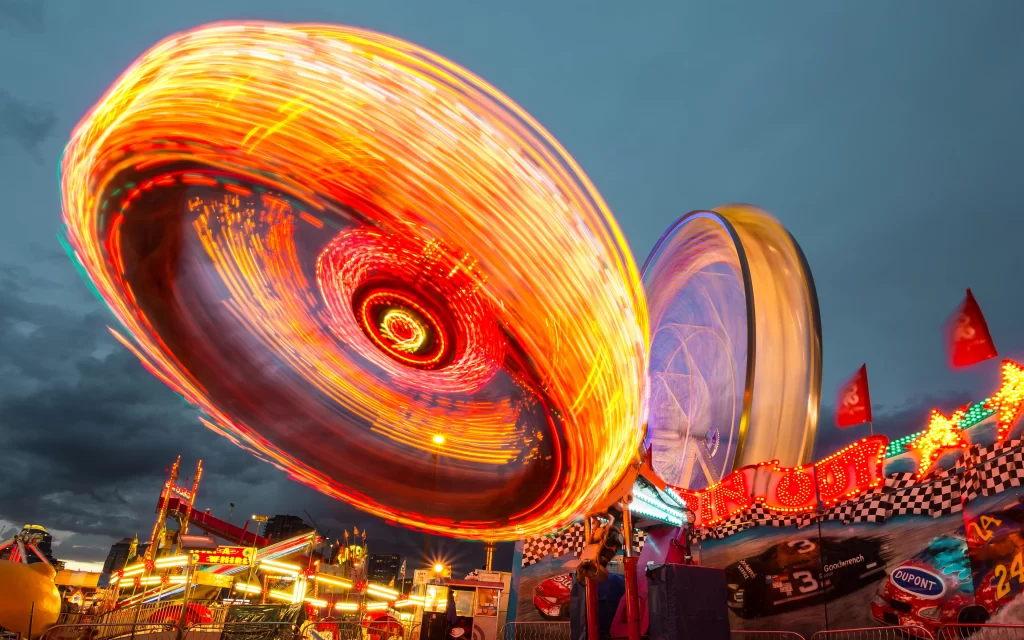 Amusement Park Carnival Rides Ferris Wheel Motion Blur Lights Twilight