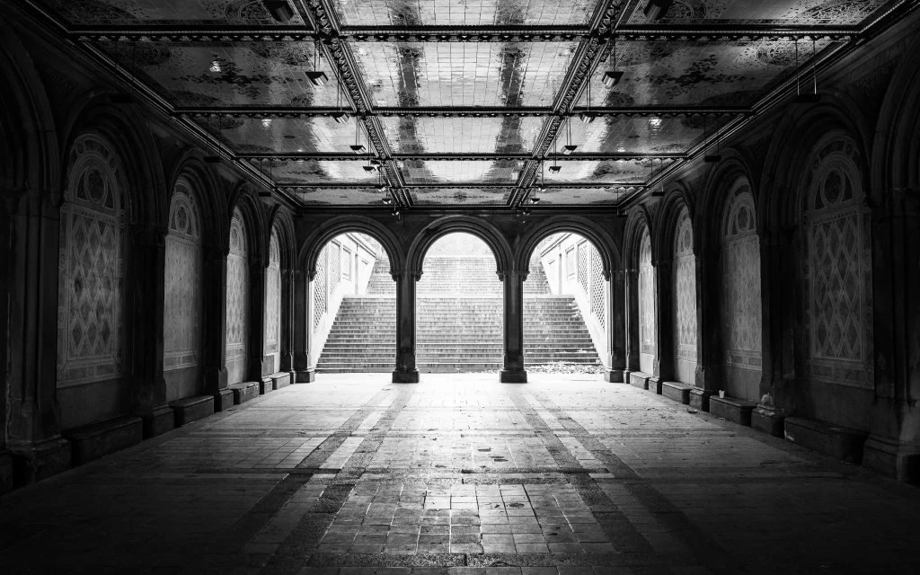 Arched Hallway Stairs Light and Shadow Gothic Architecture Monochrome