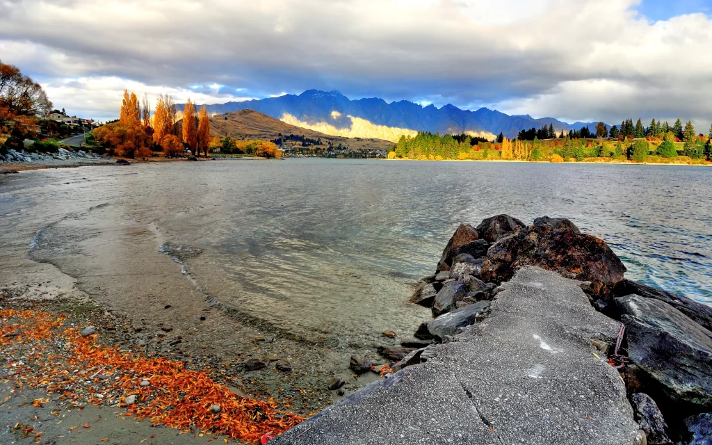 Autumn Leaves Lake Mountains Rocks Shoreline