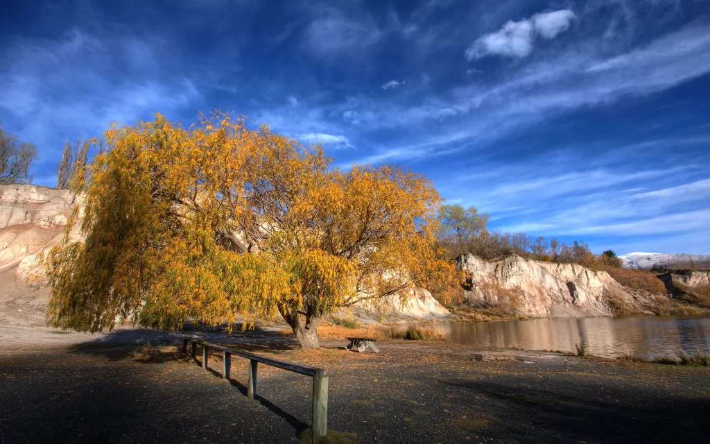 Autumn Tree River Cliffs Blue Sky Clouds