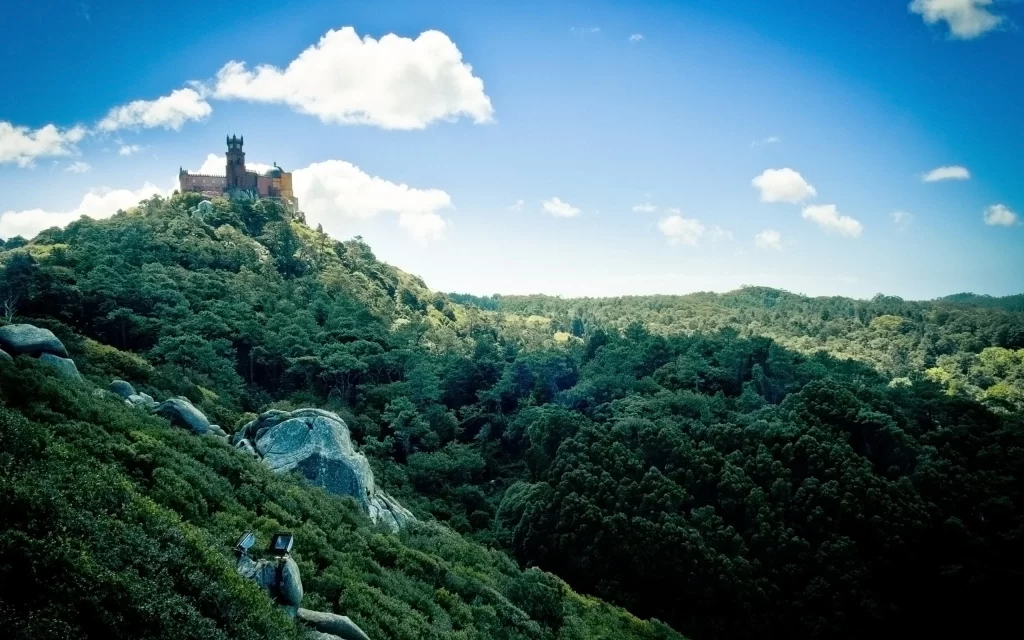 Castle Forest Hillside Greenery Sky Clouds