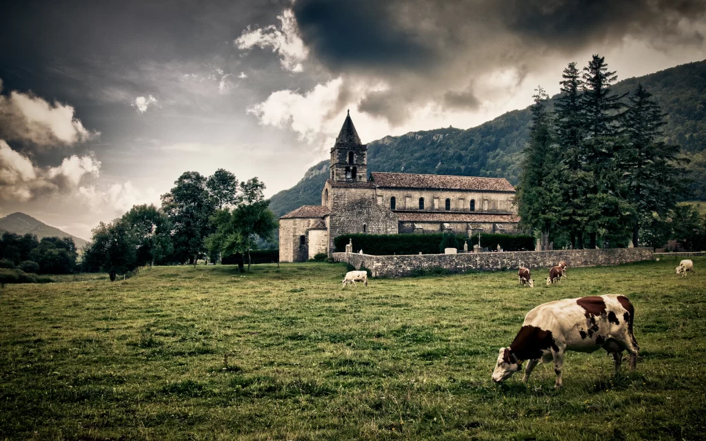 Church Countryside Cows Meadow Trees Mountains
