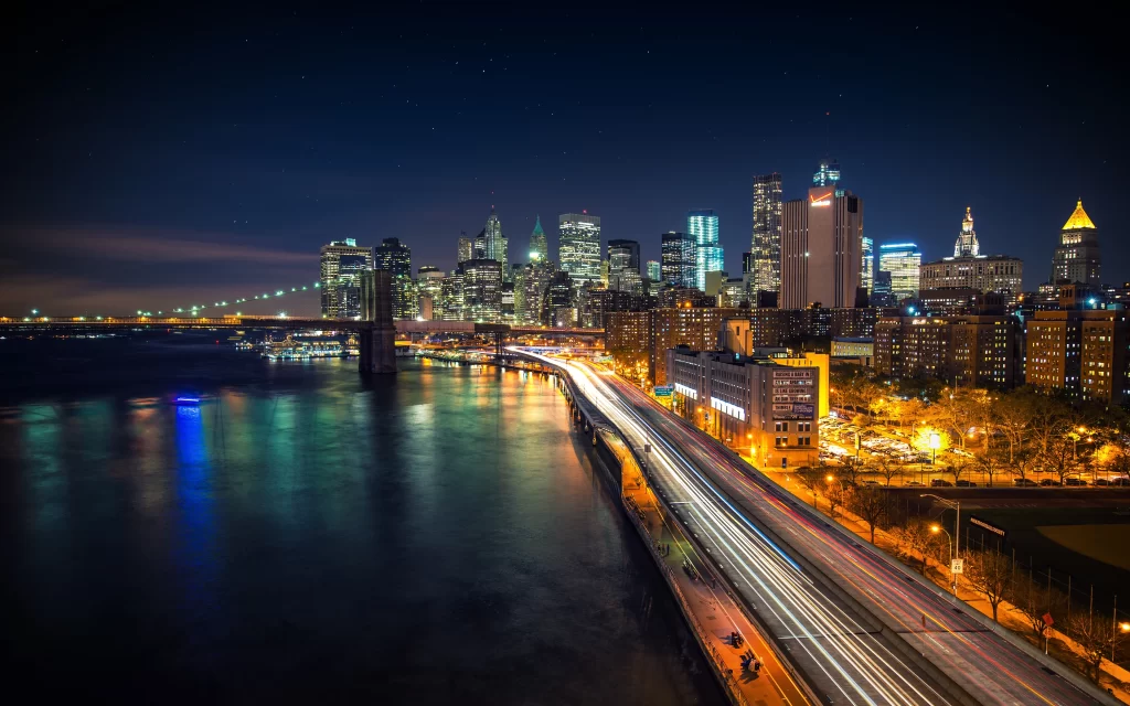 Cityscape Night Lights Bridge River Skyscrapers