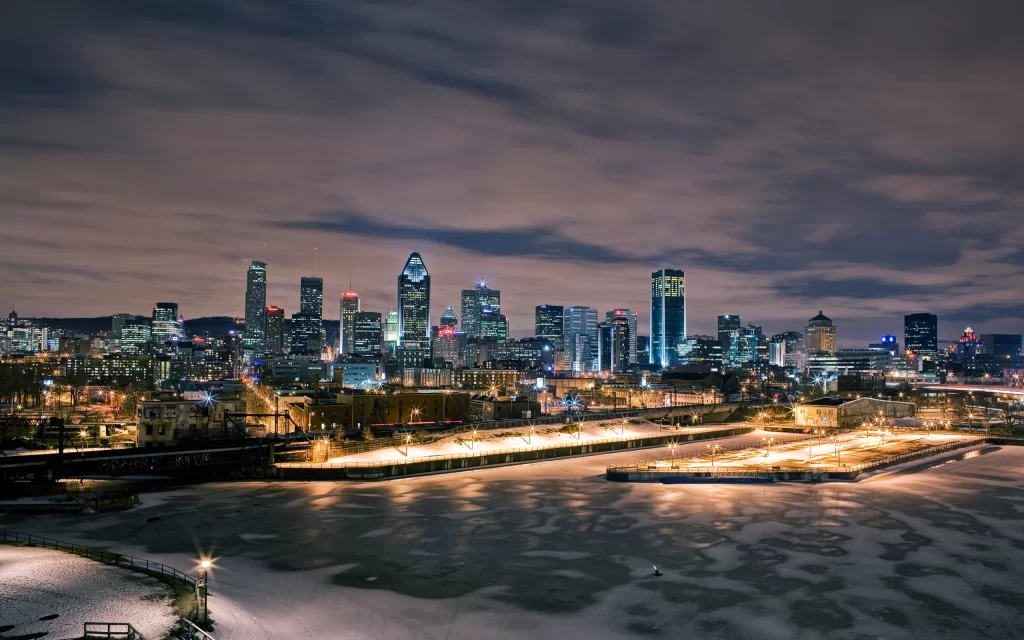 Cityscape Night Skyline Lights Frozen River Winter