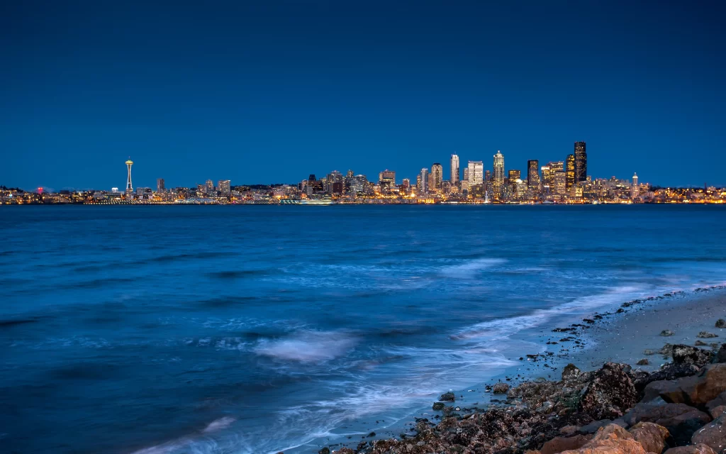 Cityscape Night Skyline Water Blue Lights