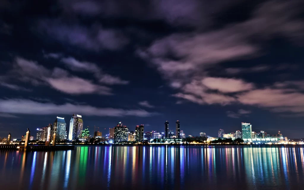 Cityscape Night Skyline Water Reflections Lights