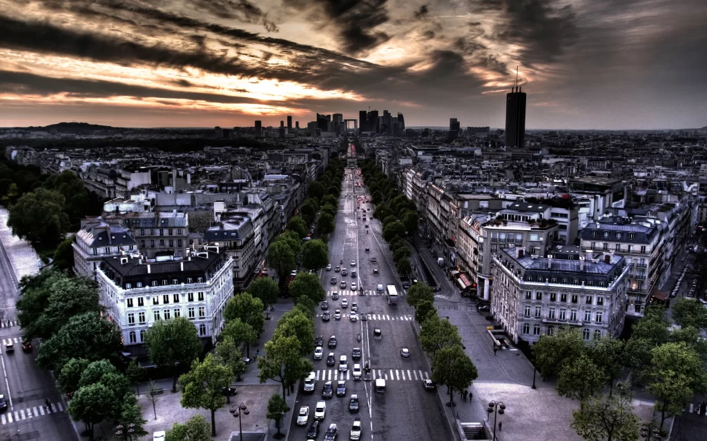 Cityscape Sunset Skyline Buildings Traffic Trees