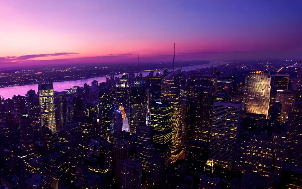 Cityscape Twilight Skyscrapers River Lights