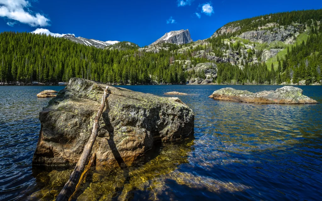 Clear Blue Sky Rocky Mountains Green Forest Tranquil Lake Majestic Peaks Natural Beauty