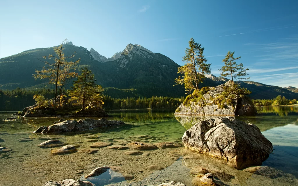 Clear Lake Rocks Trees Mountains Blue Sky