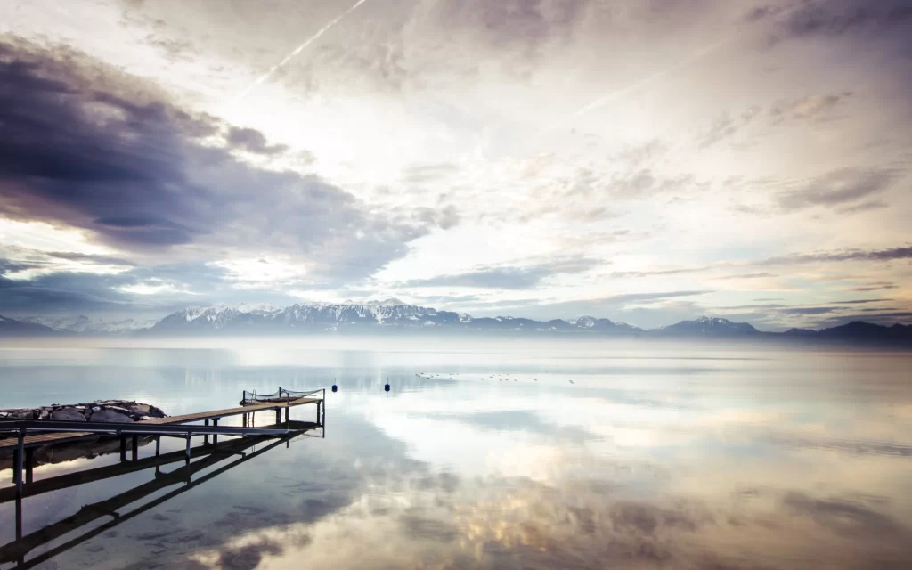 Clouds Mountain Lake Reflection Dock Mist