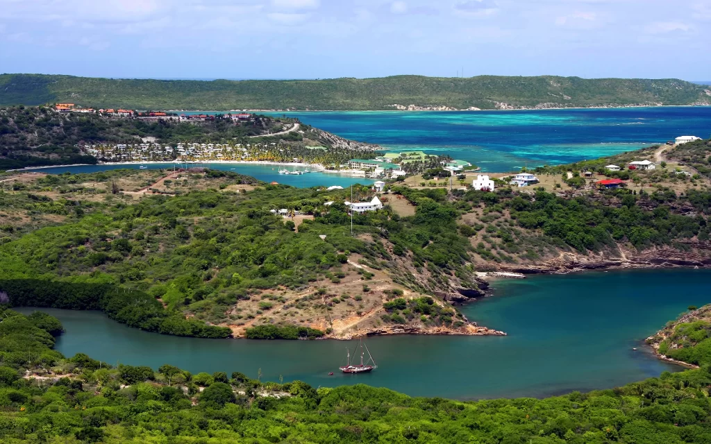 Coastal Landscape Greenery Hills Blue Sea Boat