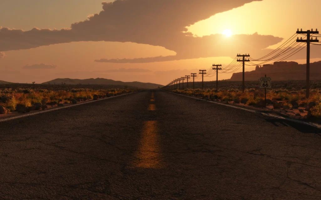 Desert Highway Sunset Clouds Electricity Poles Road
