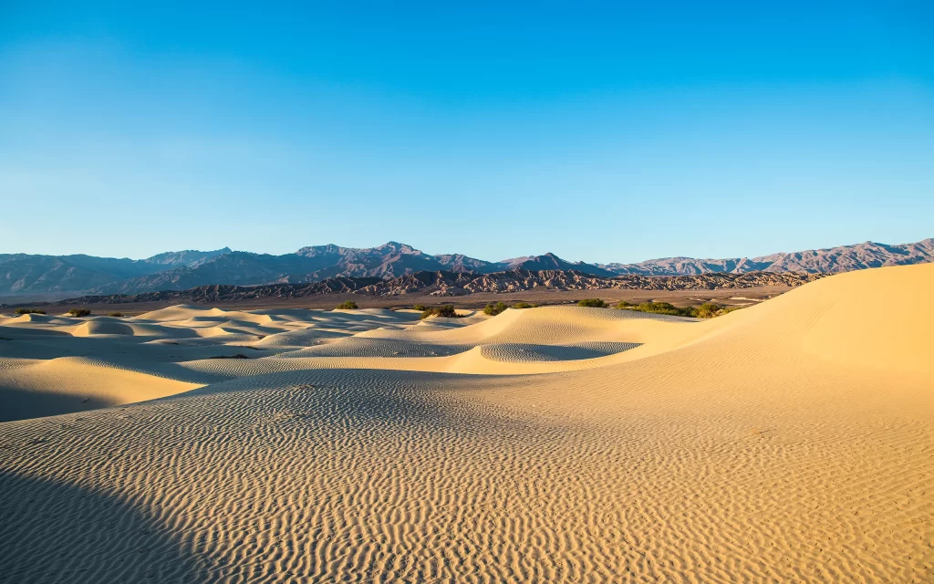 Desert Sand Dunes Mountains Blue Sky Sunlight