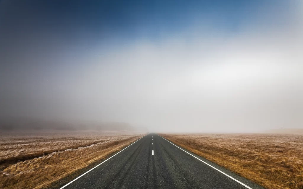 Desolate Road Foggy Horizon Open Landscape