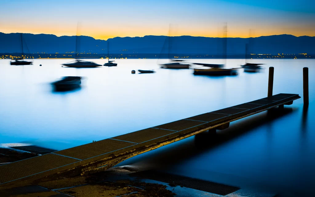 Dock Boats Water Mountains Sunset Twilight