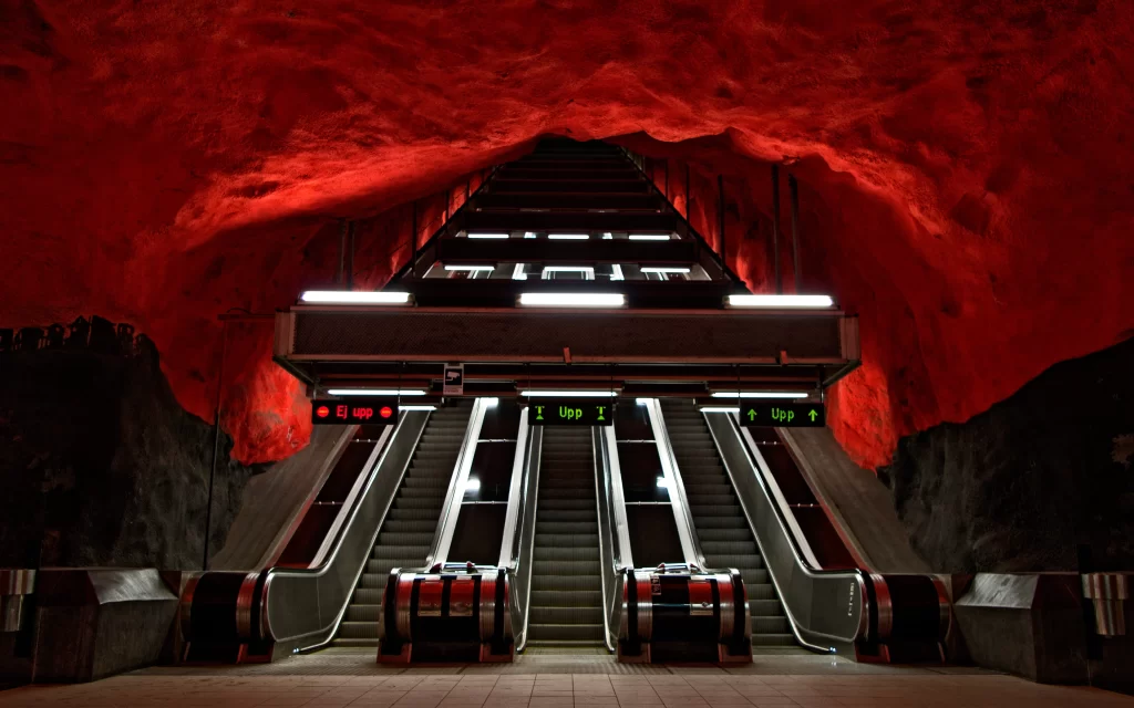 Escalator Underground Station Red Lighting Architecture Urban