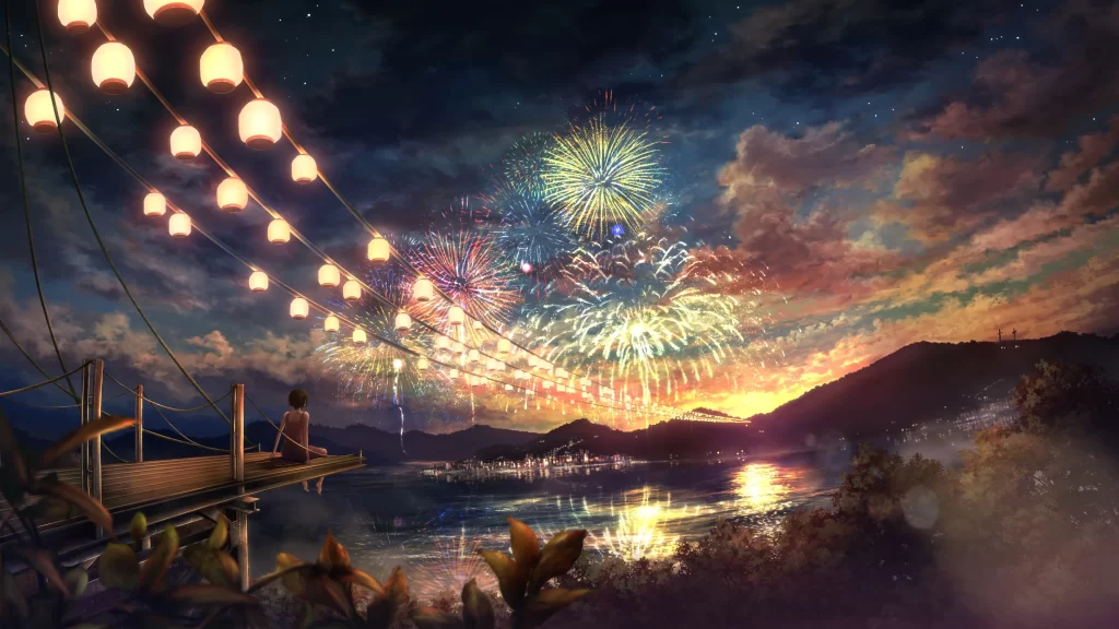 Fireworks Night Sky Lanterns Bridge Reflections