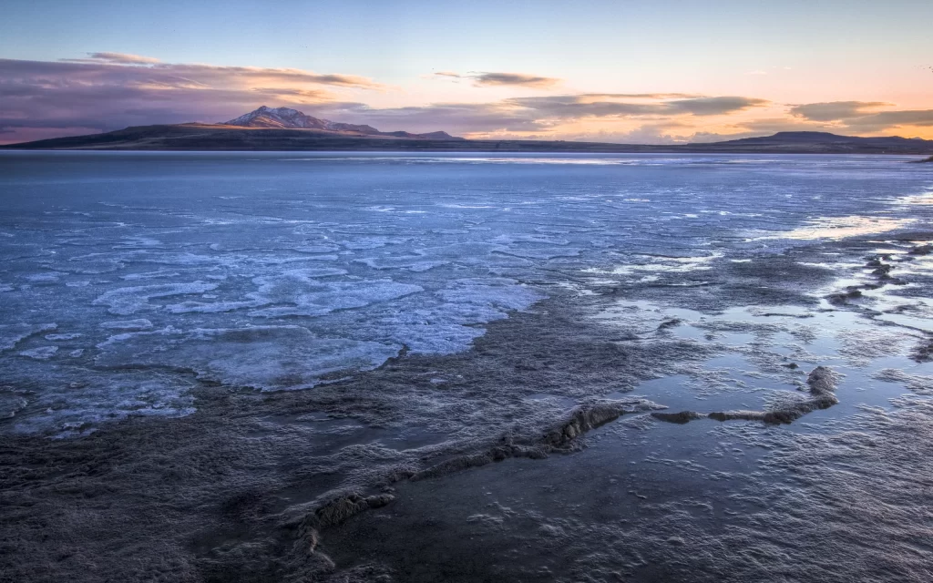 Frozen Lake Ice Cracks Mountain Horizon Sunset