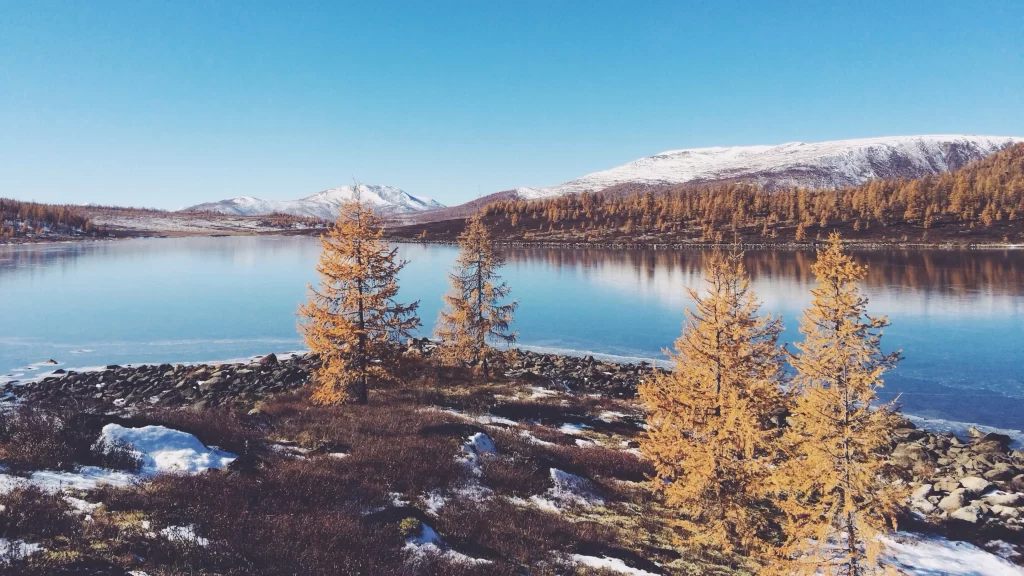 Frozen Lake Snowy Mountains Autumn Trees Clear Sky