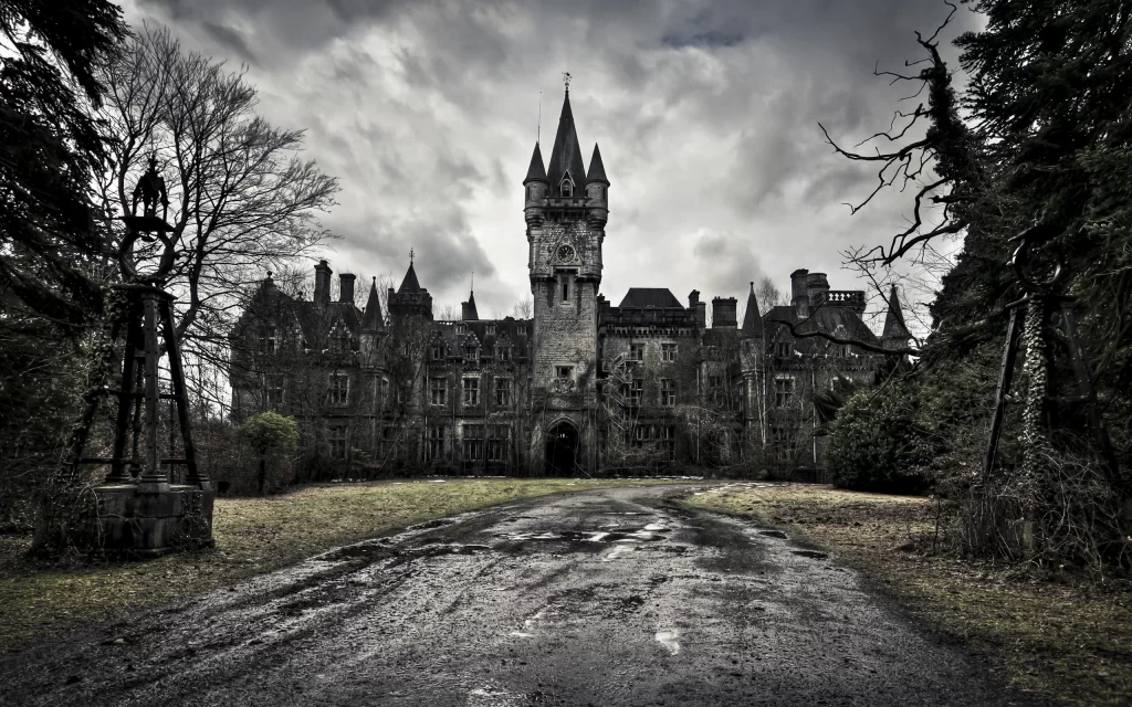 Gothic Castle Overgrown Trees Dark Clouds Abandoned Nature