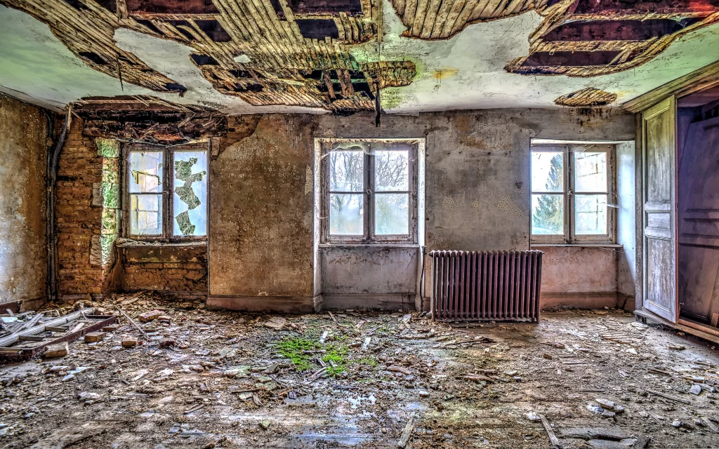Abandoned decay ruins debris windows radiator dilapidated interior