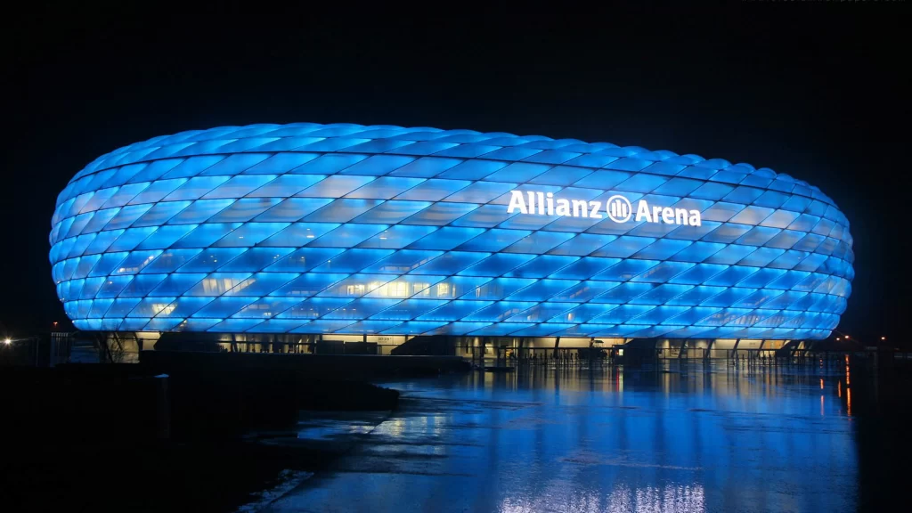 Allianz Arena, night, blue lights, stadium, reflection, modern architecture