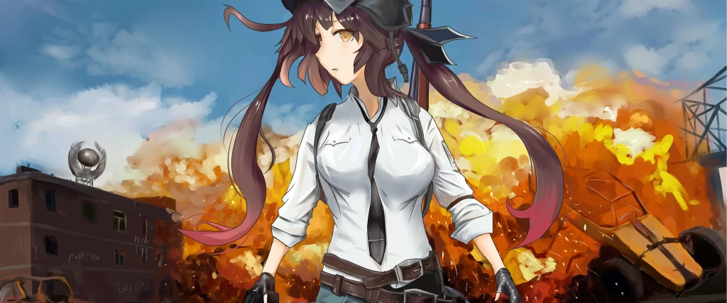 Anime character, dynamic action, explosion, intense scene, dramatic background