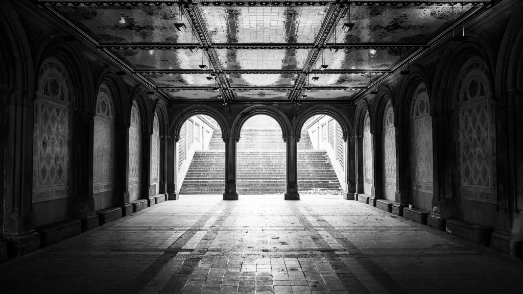 Architecture arches staircase black and white symmetry interior design