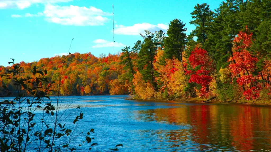 Autumn lake trees reflection sky clouds