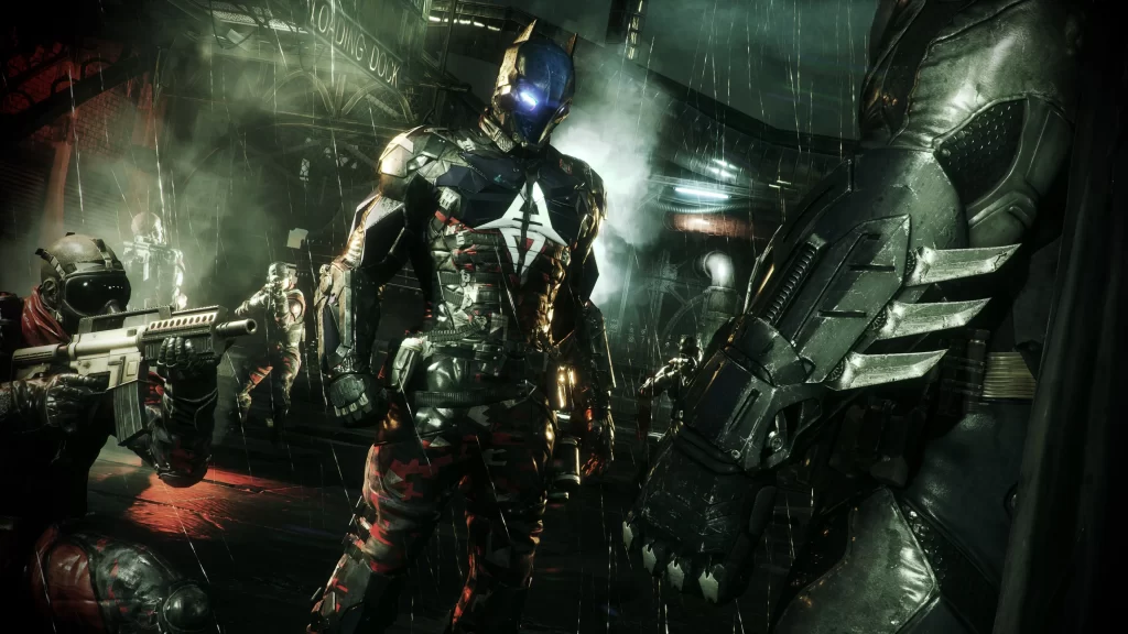 Batman armored confrontation weapons rain darkness
