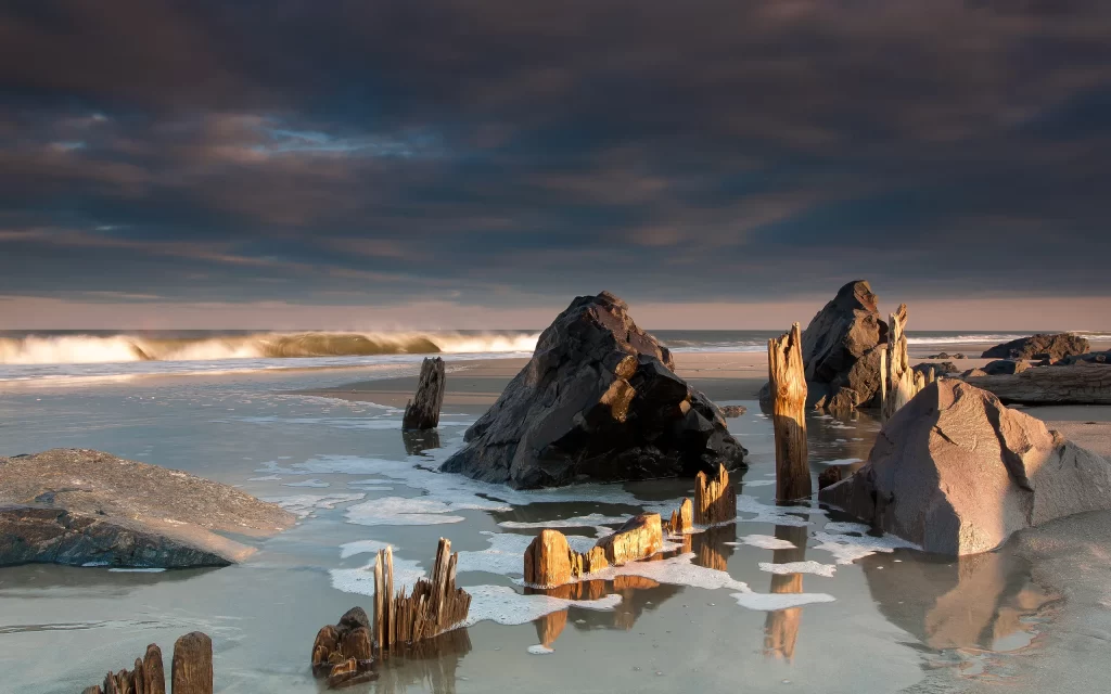 Beach Ocean Waves Rocks Sky Clouds