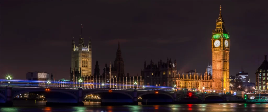 Big Ben, London, night, lights, bridge, river