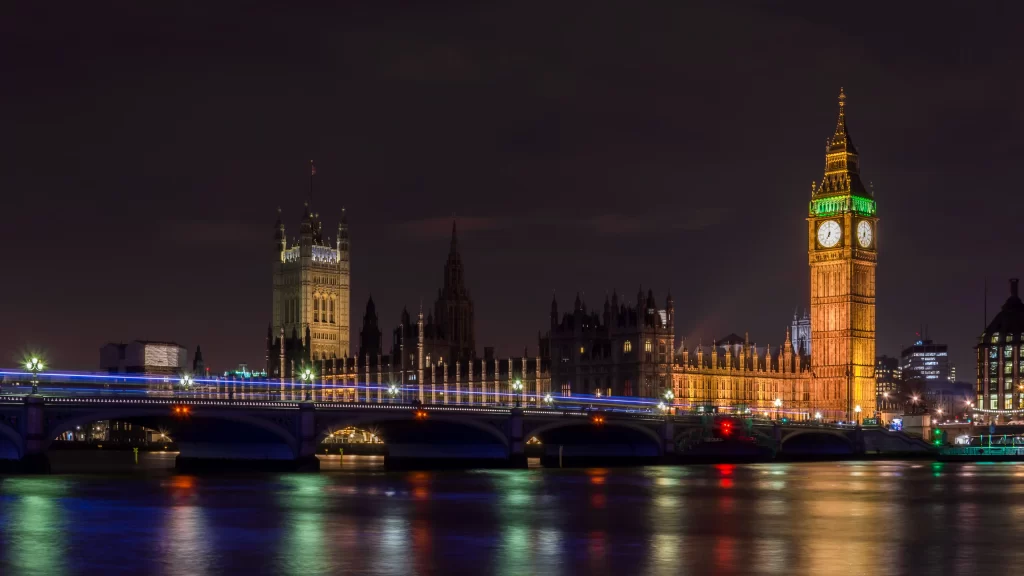 Big Ben London night river bridge lights