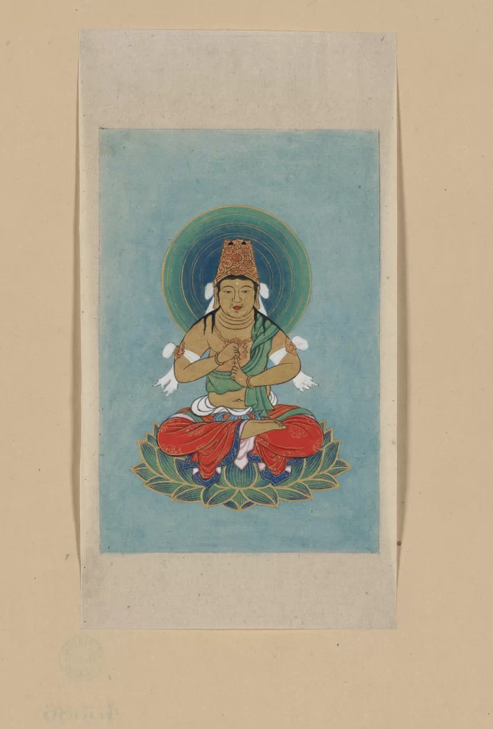 Buddhist Art Seated Figure Lotus Halo Traditional Attire Spiritual