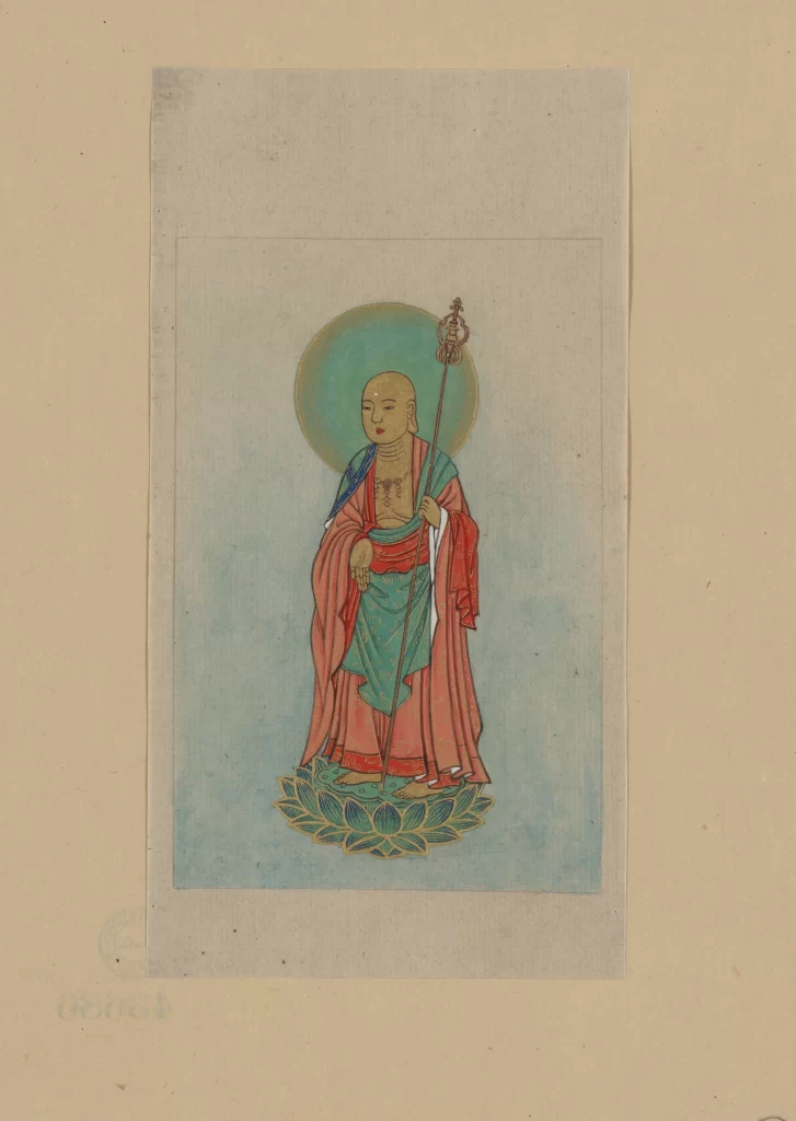 Buddhist Figure Traditional Attire Lotus Staff Halo Serene Expression