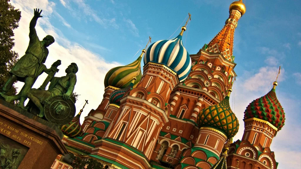 Cathedral, colorful domes, statue, historical, architecture