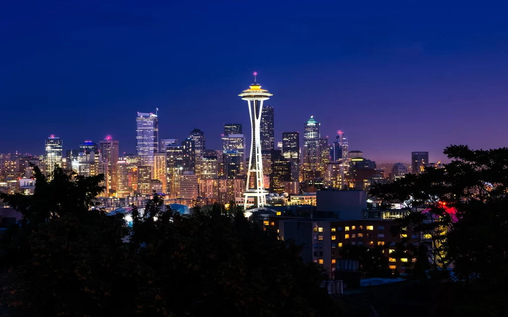 Cityscape Night Skyline Illuminated Buildings Space Needle
