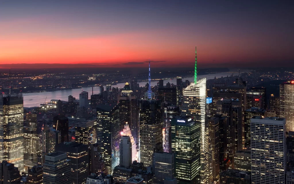 Cityscape Sunset Skyscrapers River Lights