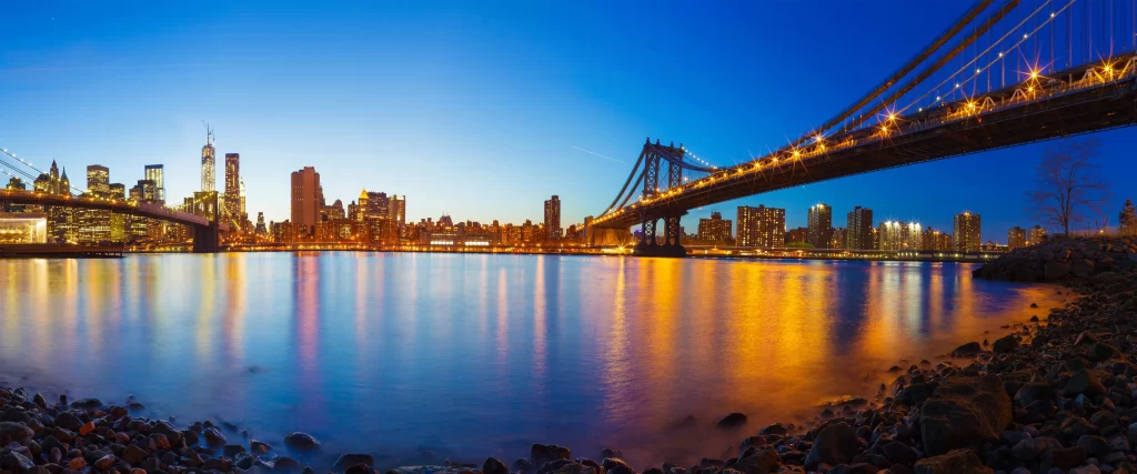 Cityscape, bridge, skyline, water, lights, twilight