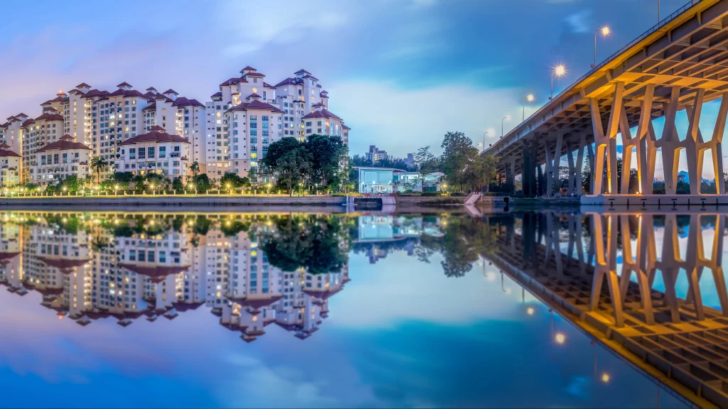 Cityscape, bridge, water, reflection, buildings, twilight