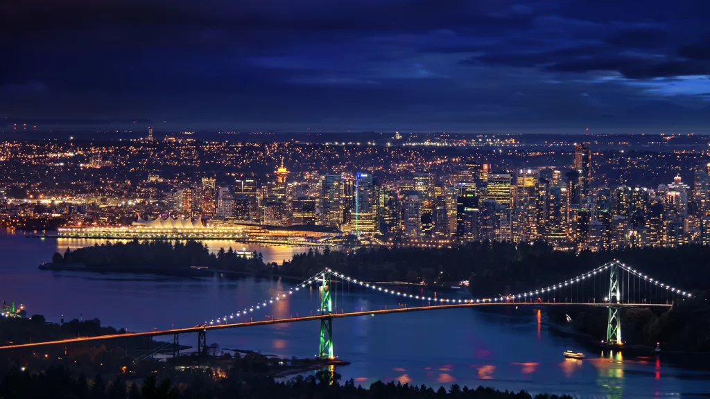 Cityscape night bridge lights water skyline
