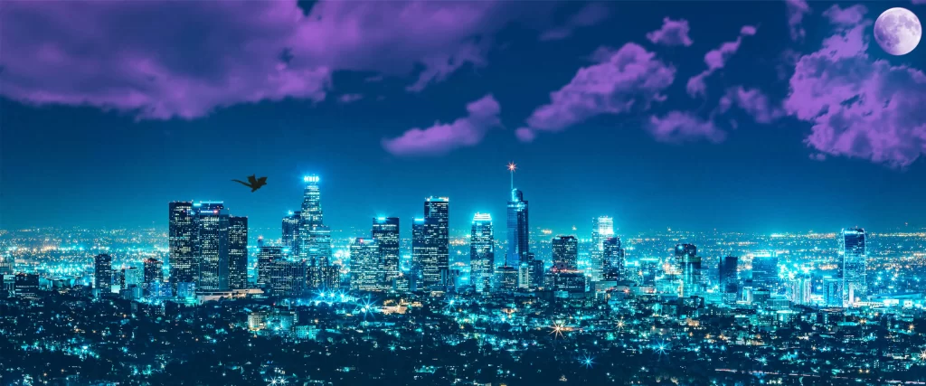 Cityscape, night, lights, moon, clouds, skyscrapers