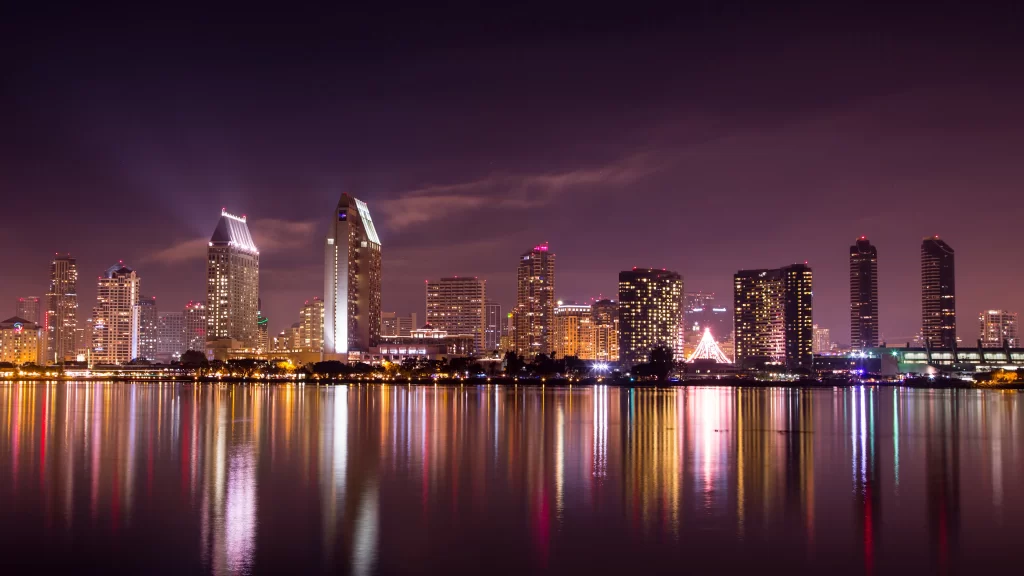 Cityscape night lights reflection water skyline