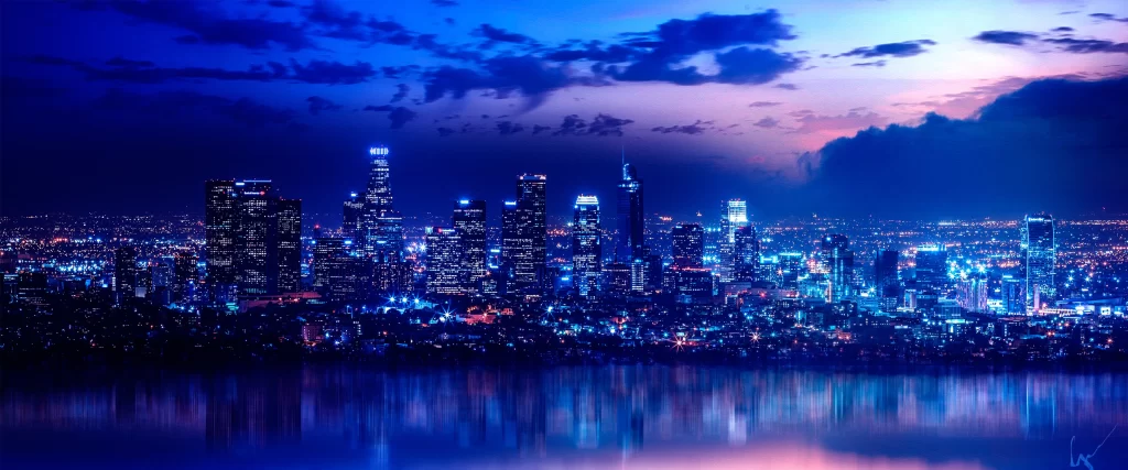 Cityscape, night, lights, skyscrapers, reflection, clouds