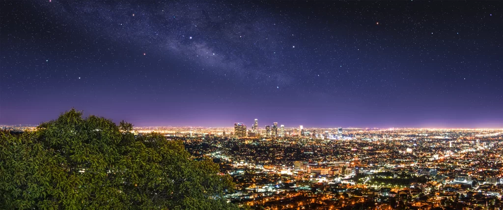 Cityscape, night sky, stars, lights, urban, skyline
