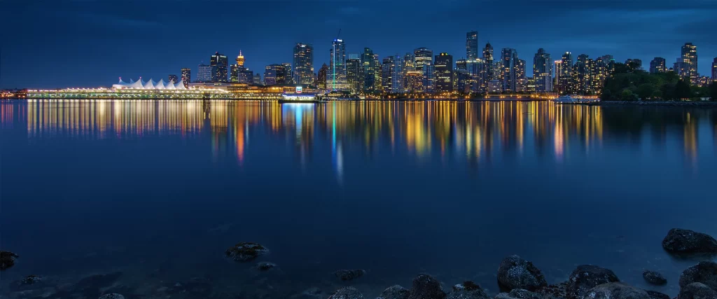 Cityscape, night, skyline, lights, reflection, water