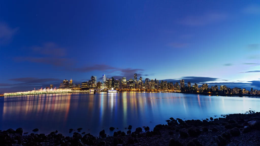 Cityscape night skyline water reflection lights urban tranquil