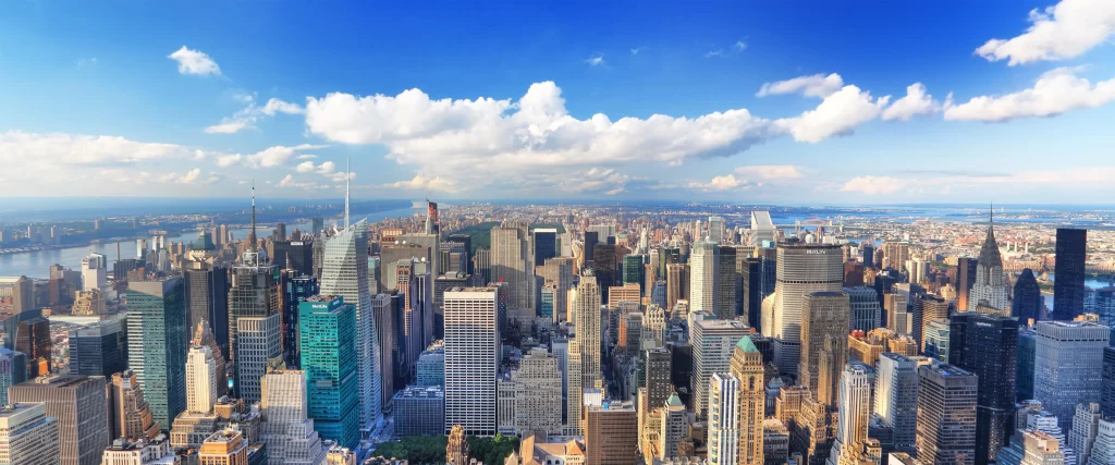 Cityscape, skyscrapers, blue sky, clouds, urban, architecture